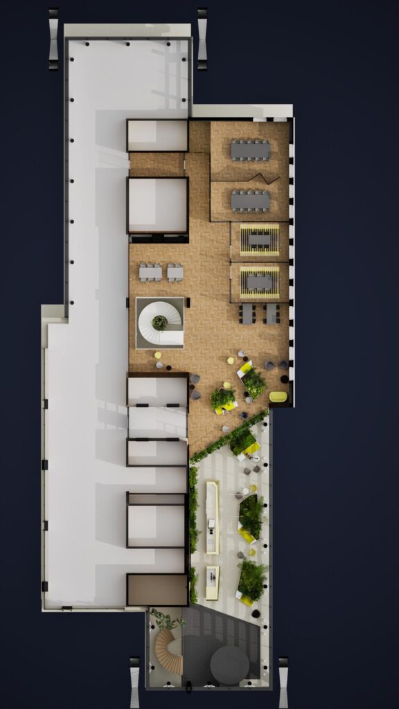 Top-down view of the floor plan of De Entree, featuring meeting rooms, workspaces, and lounge areas with greenery.